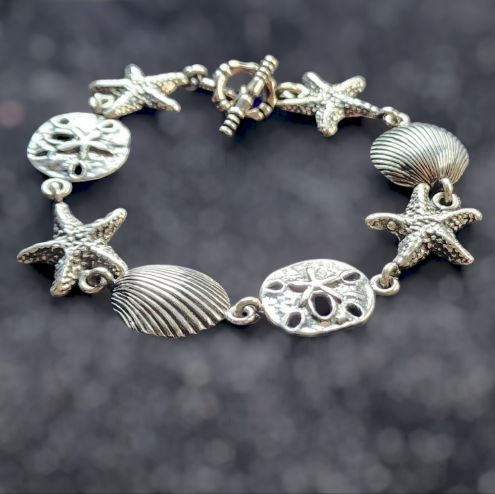 Sterling Silver Toggle Bracelet Seashell Starfish… - image 2